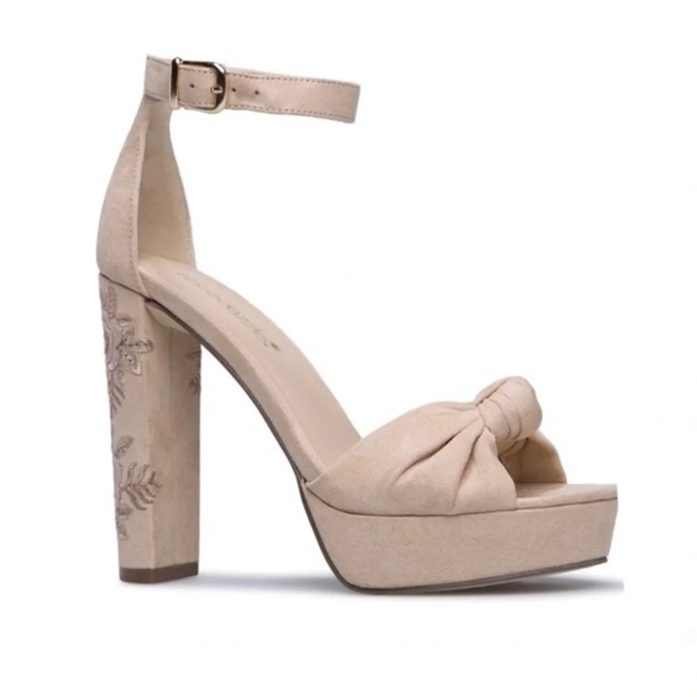 Faux-Suede Tan Platform Heeled Sandal Sz 10, NIB